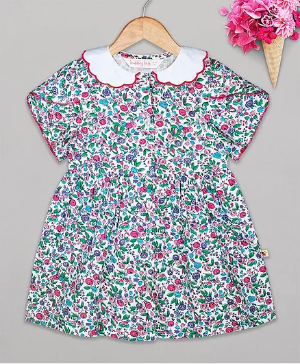 Budding Bees Half Sleeves Floral Print Dress - Multi Colour