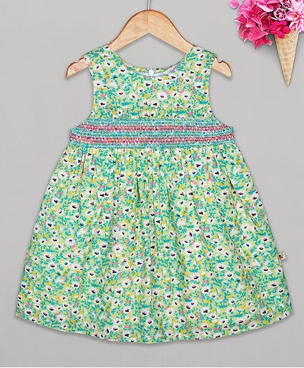 Budding Bees Sleeveless Floral Print Fit & Flare Dress - Green