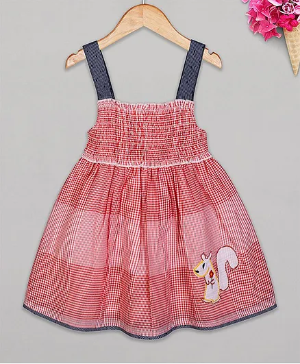Budding Bees Sleeveless Checked Smocking Dress - Red