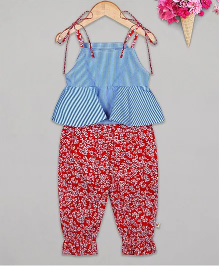 Budding Bees Sleeveless Striped & Floral Print Jumpsuit - Blue & Red