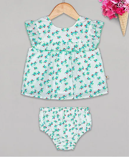 Budding Bees Short Sleeves Floral Print Top With Bloomer - Blue