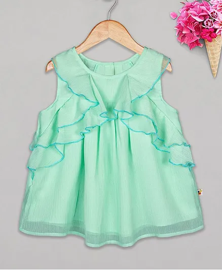 Budding Bees Solid Colour Sleeveless Frill Top - Green