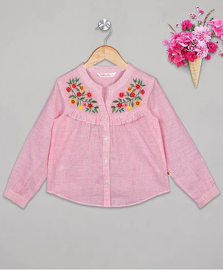 Budding Bees Striped Full Sleeves Flower Embroidery Detailing Top - Pink