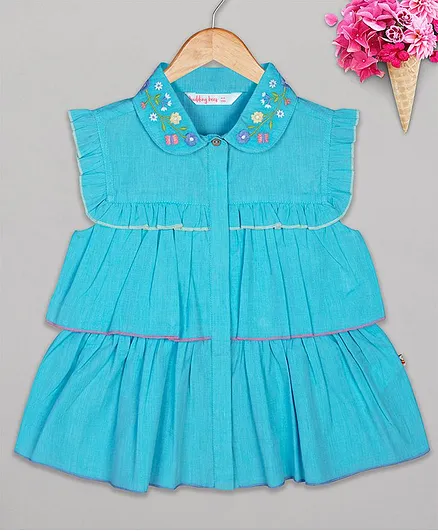 Budding Bees Collar Flower Embroidered Sleeveless Layered Top - Blue