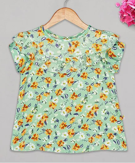 Budding Bees Short Sleeves Floral Print Top - Light Green