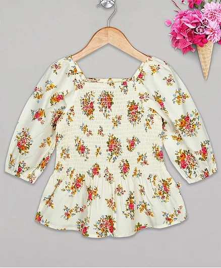 Budding Bees Full Sleeves Floral Print Smocked Top - Off White