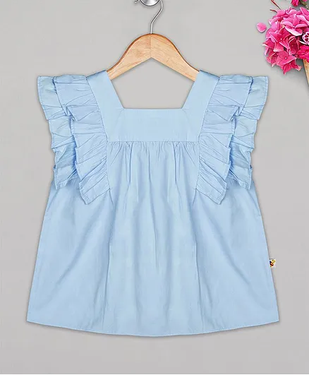 Budding Bees Solid Sleeveless Ruffle Yoke Top - Blue