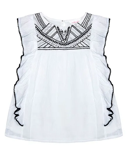 Budding Bees Embroidered Neckline Sleeveless Top - White