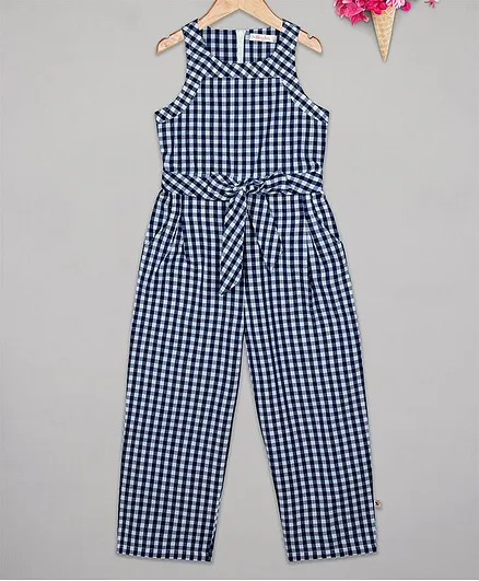 Budding Bees Sleeveless Checked Jumpsuit - Blue