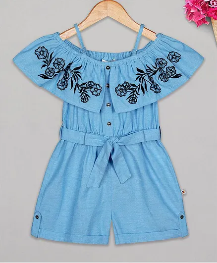Budding Bees Short Sleeves Embroidered Jumpsuit - Blue