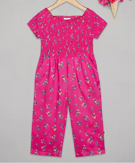 Budding Bees Flower Print Short Sleeves Smocking Jumpsuit - Pink