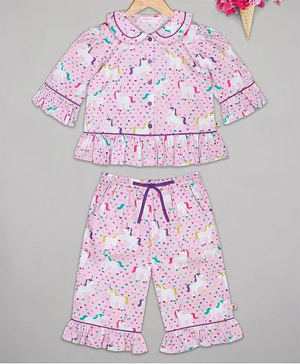 Budding Bees Full Sleeves Unicorn Printed Night Suit - Pink
