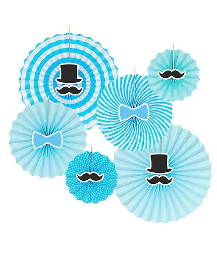 Untumble Little Man Theme Paper Fan Decoration Blue - Pack of 6