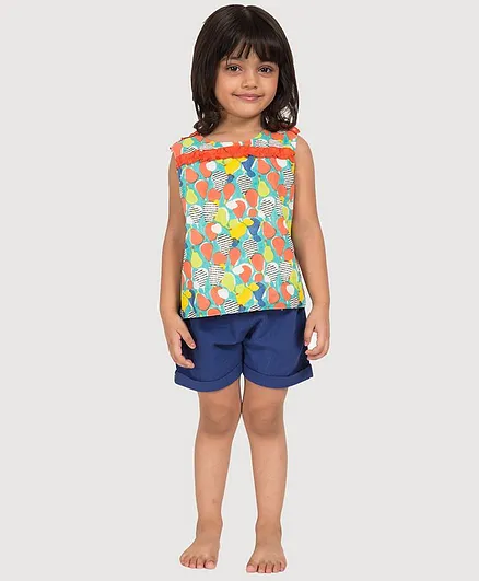 Ikeda Designs Sleeveless Pear Print Ruffled Top With Back Overlap - Multicolor