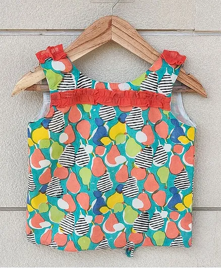Ikeda Designs Sleeveless Pear Print Ruffled Top With Back Overlap - Multicolor