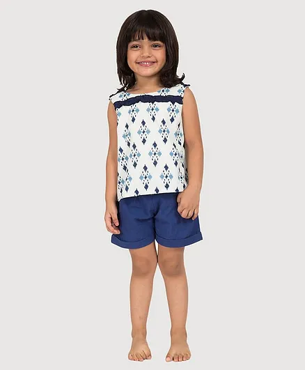 Ikeda Designs Sleeveless Ikat Print Ruffled Top With Back Overlap - White & Blue