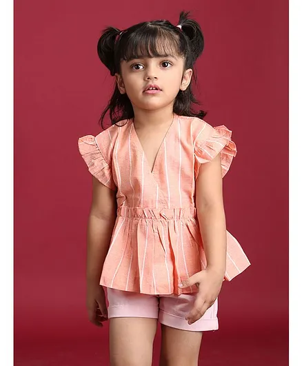 Ikeda Designs Stripe Print Ruffled Sleeve Top - Peach