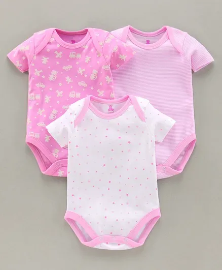 I Bears Half Sleeves Onesie Vehicle & Star Print Pack of 3 - Pink