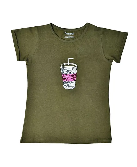 Funkrafts Half Sleeves Sequined Detailing Tee - Olive Green