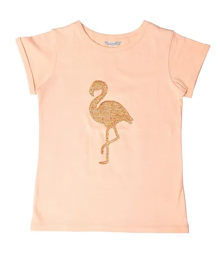 Funkrafts Half Sleeves Sequined Flamingo Tee - Peach