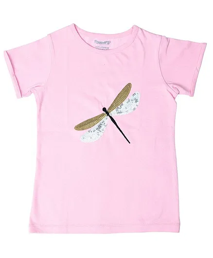 Funkrafts Half Sleeves Dragonfly Sequined Tee - Pink