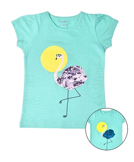 Funkrafts Half Sleeves Flamingo Sequined Tee - Mint Green