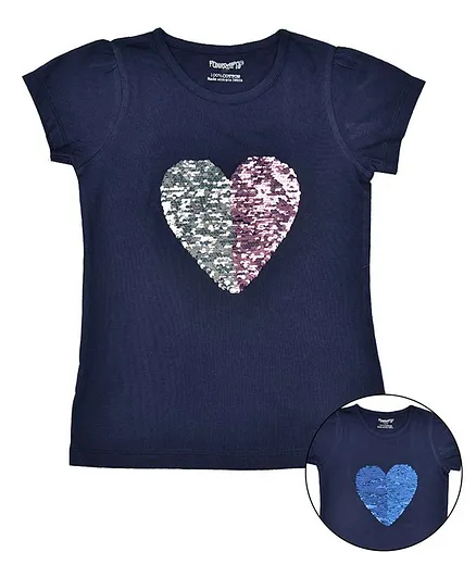 Funkrafts Half Sleeves Heart Sequined Tee - Navy Blue