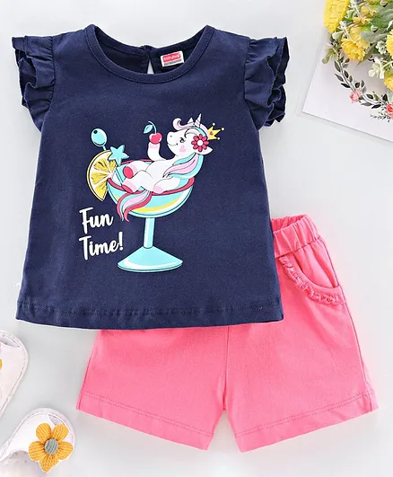 Babyhug Flutter Sleeves Tee with Shorts Unicorn Print - Blue Pink