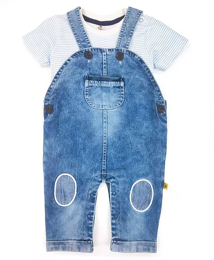 Brats & Dolls Dungaree Romper with Striped Half Sleeves Inner Tee - Blue