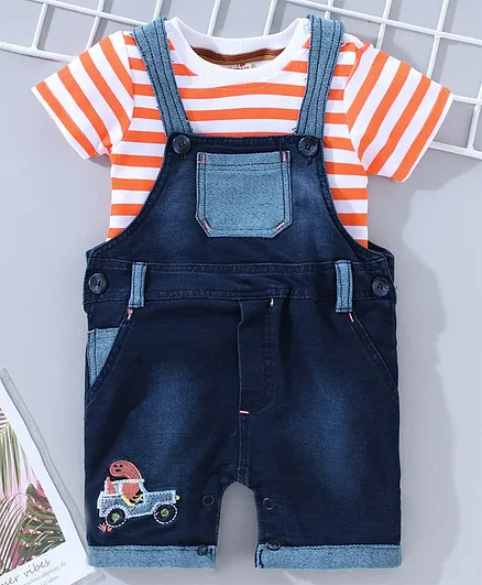 Brats and Dolls Denim Dungaree Style Romper with Half Sleeves Stripe Tee Car Embroidery - Blue Orange