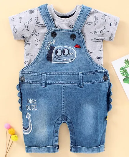 Brats and Dolls Denim Dungaree Style Romper with Half Sleeves Inner Tee - Grey