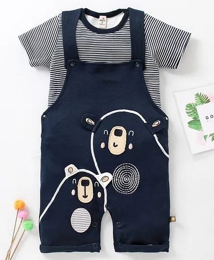 Brats and Dolls Dungaree Style Romper with Half Sleeves Inner Tee - Navy Blue