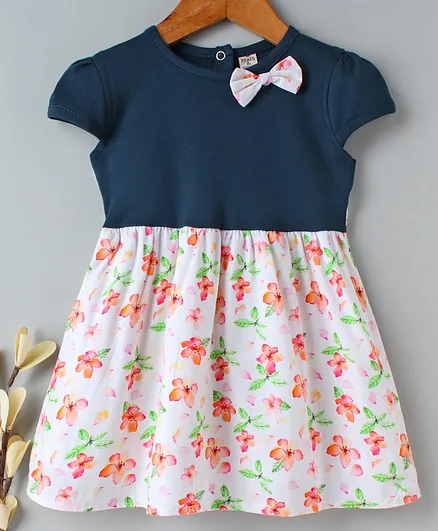 Brats & Dolls Half Sleeves Frock Floral Print - Navy Blue