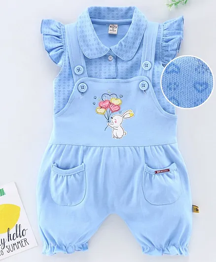 Brats & Dolls Dungaree with Flutter Sleeves Inner Tee Bunny Patch - Blue
