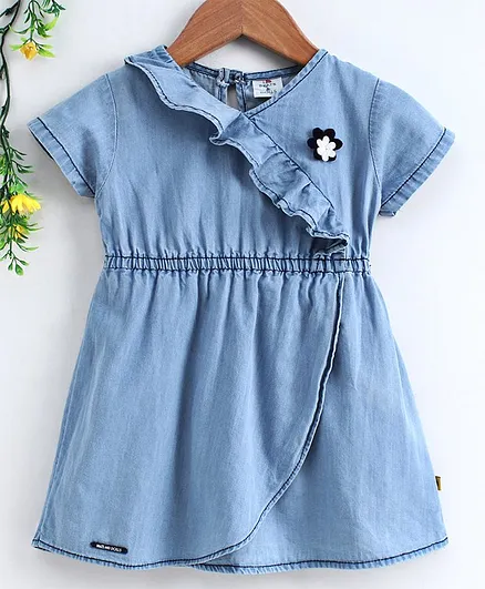 Brats & Dolls Half Sleeves Denim Frock Floral Applique - Dark Blue