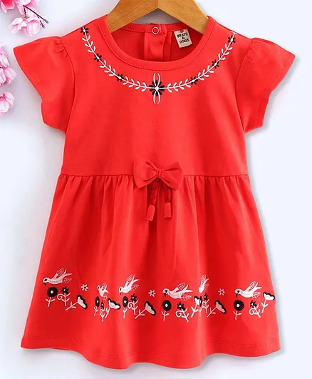 Brats and Dolls Half Sleeves Frock Floral Embroidery - Red