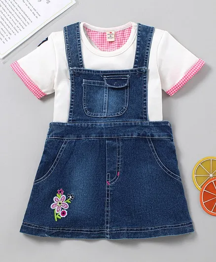 Brats And Dolls Dungaree Style Frock with Half Sleeves Inner Tee Floral Embroidery - Blue White