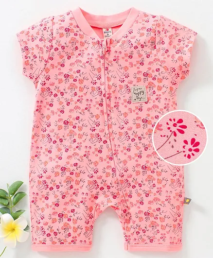 Brats and Dolls Half Sleeves Floral Printed Romper- Peach