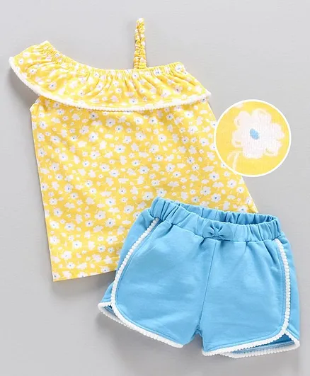 Babyhug One Shoulder Top & Shorts Floral Print - Yellow Blue