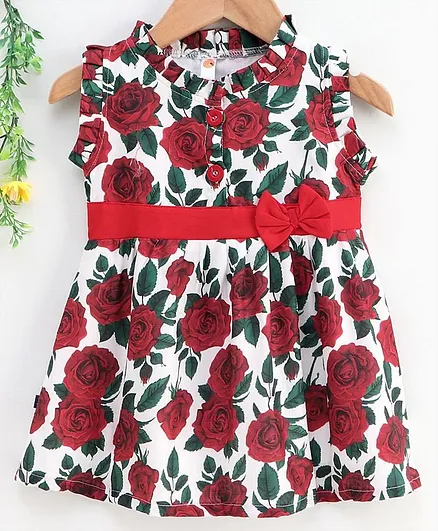 Dew Drops Sleeveless Frock Allover Rose Print - Beige