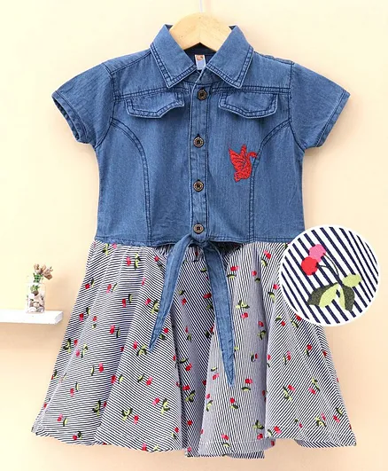 Dew Drops Half Sleeves Frock Floral Print - Grey Navy