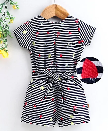 Dew Drops Short Sleeves Striped Jumpsuit Fruit Print - Dark Blue