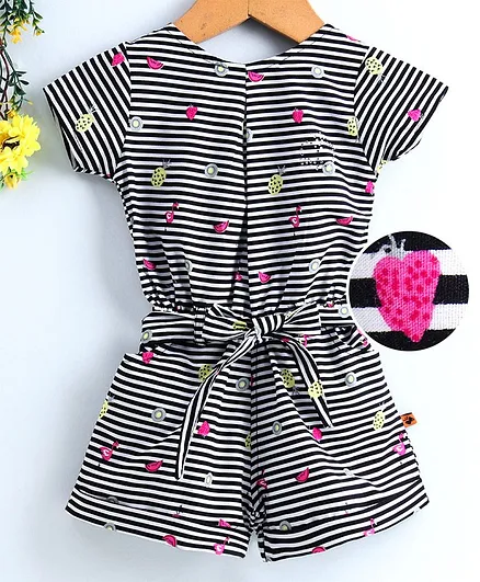 Dew Drops Short Sleeves Striped Jumpsuit Fruit Print - Black