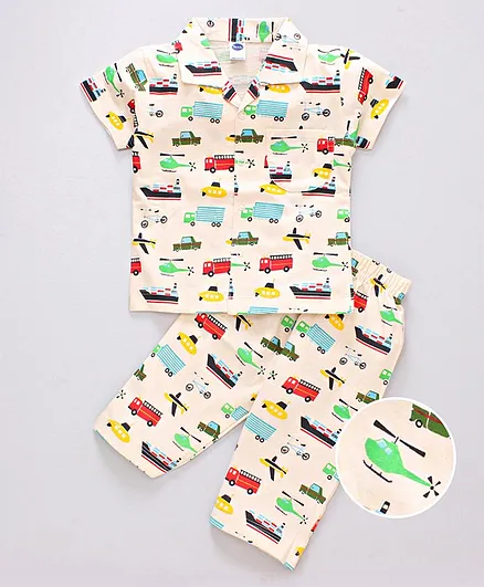 Teddy Half Sleeves Vehicle Print Night Suit - Beige