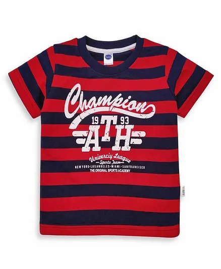 Teddy Half Sleeves Striped Tee Text Print - Red