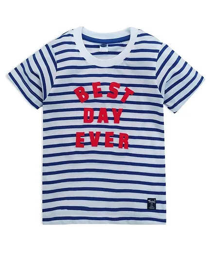 Teddy Half Sleeves Striped Tee Text Print - Blue