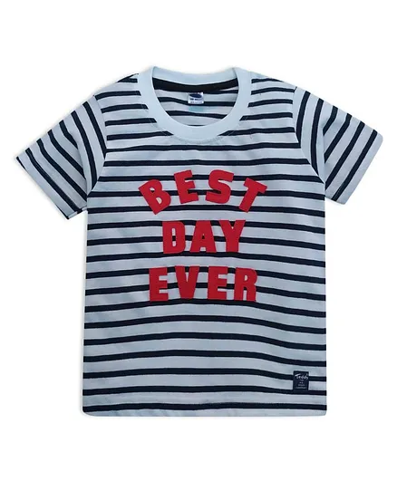 Teddy Half Sleeves Striped Tee Text Print - Black