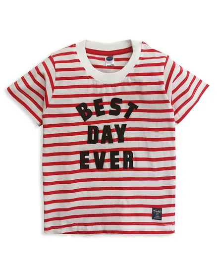 Teddy Half Sleeves Striped Tee Text Print - Red