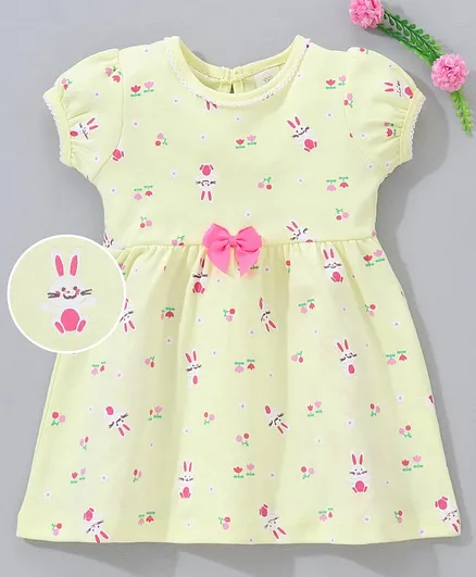 Baby Naturelle Short Sleeves Frock Bunny Print - Light Yellow