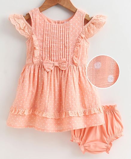 Babyoye Cotton Cold Shoulder Frock With Bloomer Dot Print - Peach